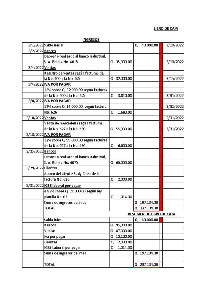 Ejemplo de Libro de Caja Contable | PDF | Cheque | Bancos