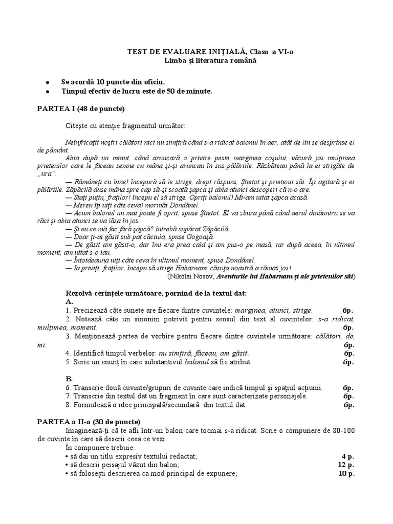 Test Initial Clasa A VI | PDF