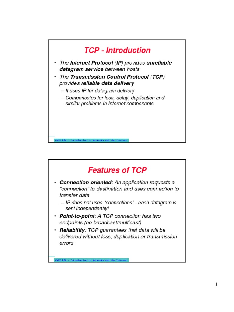 TCP - Introduction: - The Internet Protocol (IP) Provides Unreliable ...