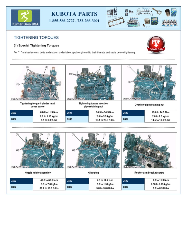 Kubota Parts Tightening Torques PDF Screw Nut (Hardware)