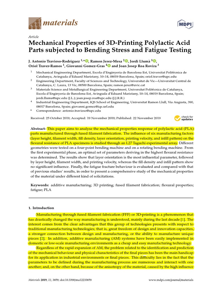 Mechanical Properties of 3dPrinting Polyactic Acid Parts Subjected To