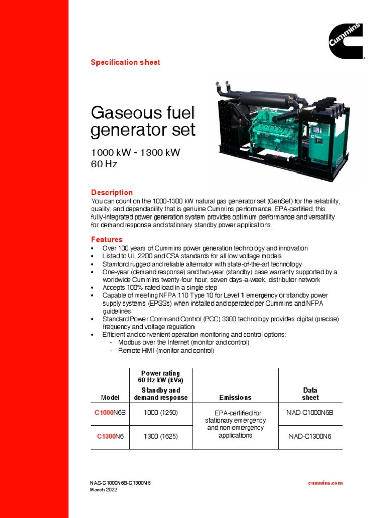 NAS-C1000N6B-C1300N6 GenSet Specification Sheet | PDF | Manufactured ...
