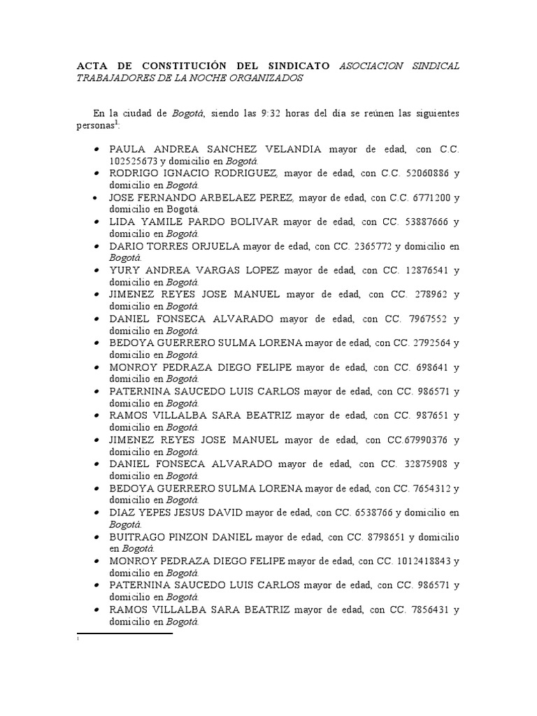 EJEMPLO Acta de Constitución de Un Sindicato | PDF | Gobierno