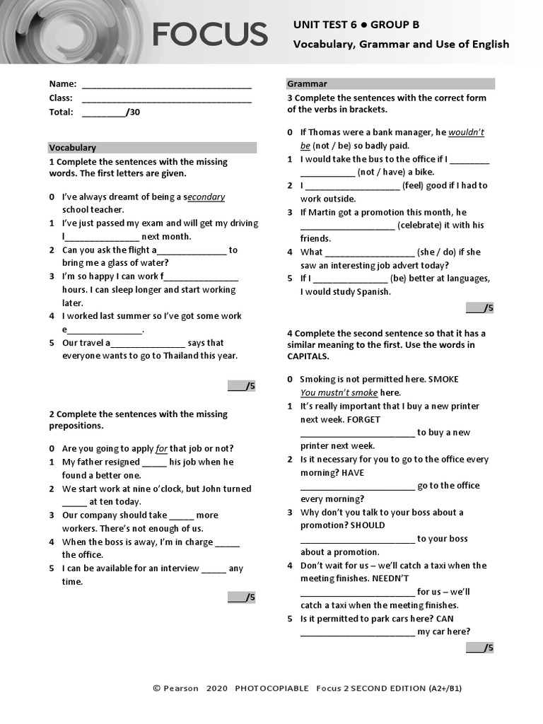 Unit Test 6 Group B Vocabulary, Grammar and Use of English | PDF ...