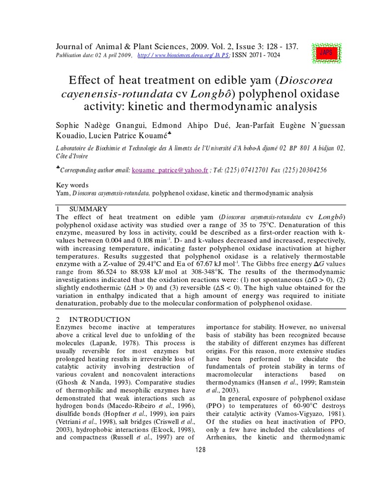 Effect of Heat Treatment On Edible Yam (Dioscorea Activity and Thermodynamic Analysis