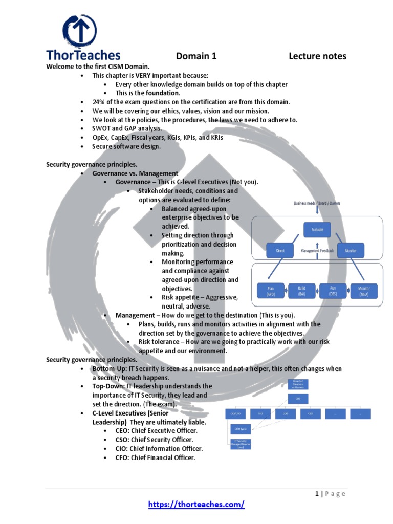 Thorteaches Study Guide CISM Domain 1 | PDF | Information Security ...