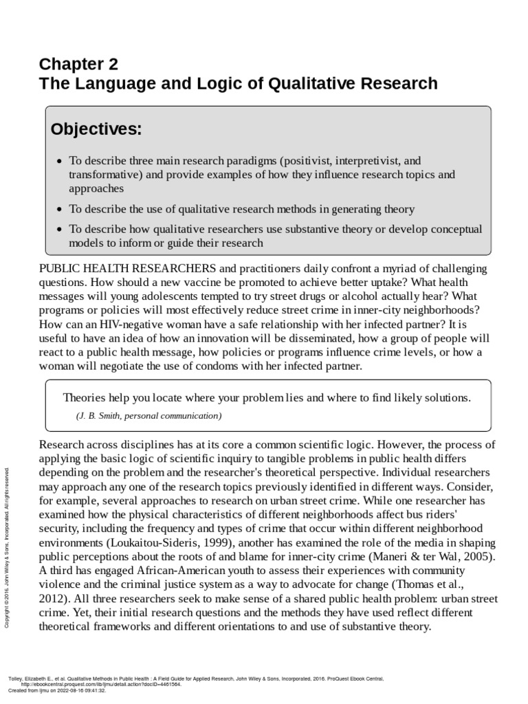 Qualitative Methods in Public Health A Field Guide... - (Chapter 2 The ...