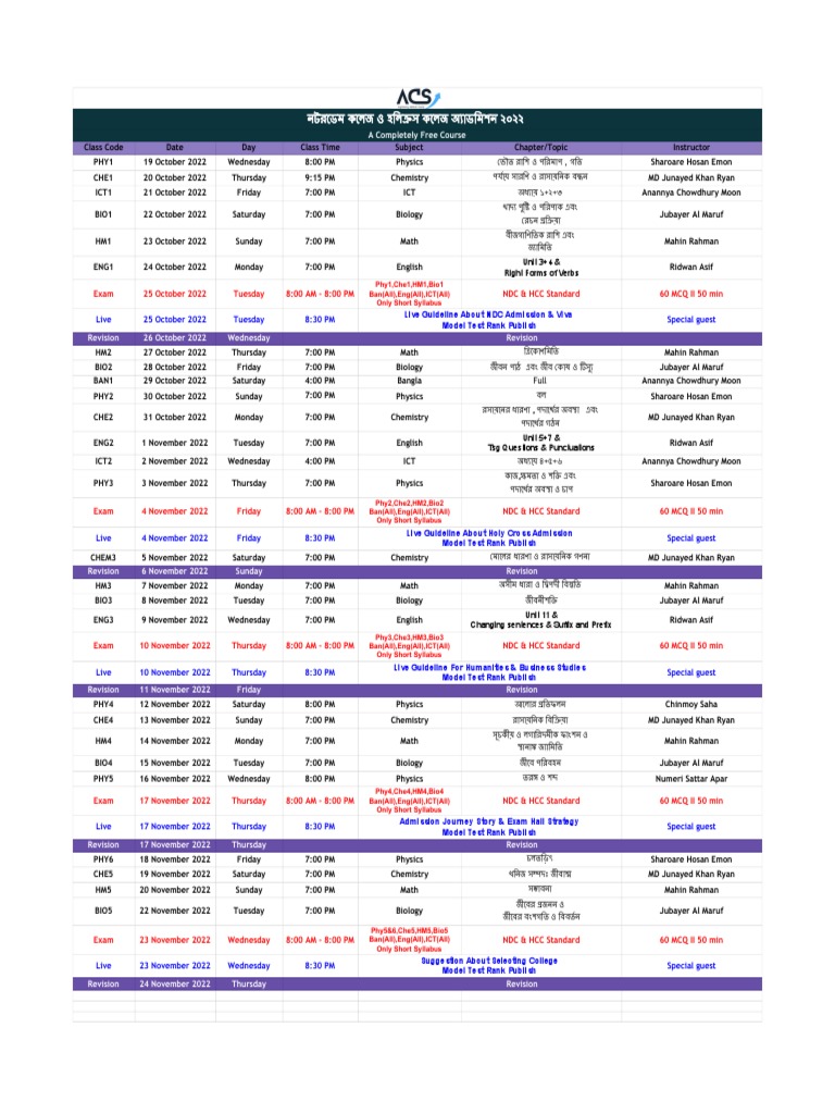 Updated Routine NDC HCC Admission Free Course 2022 I ACS PDF