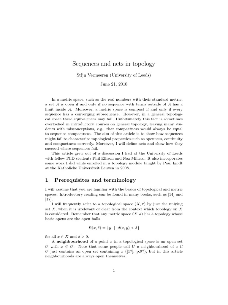 Sequences and Nets in Topology PDF Sequence Compact Space