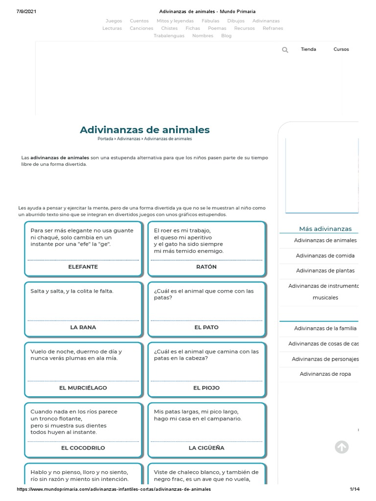 Adivinanzas Cortas de Animales para Niños | PDF | Organismos | Mamíferos