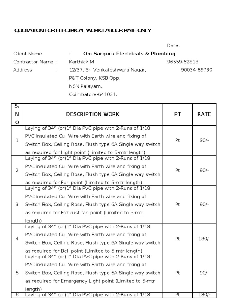 Quotation For Electrical Work Labour Rate Only Electrical Wiring