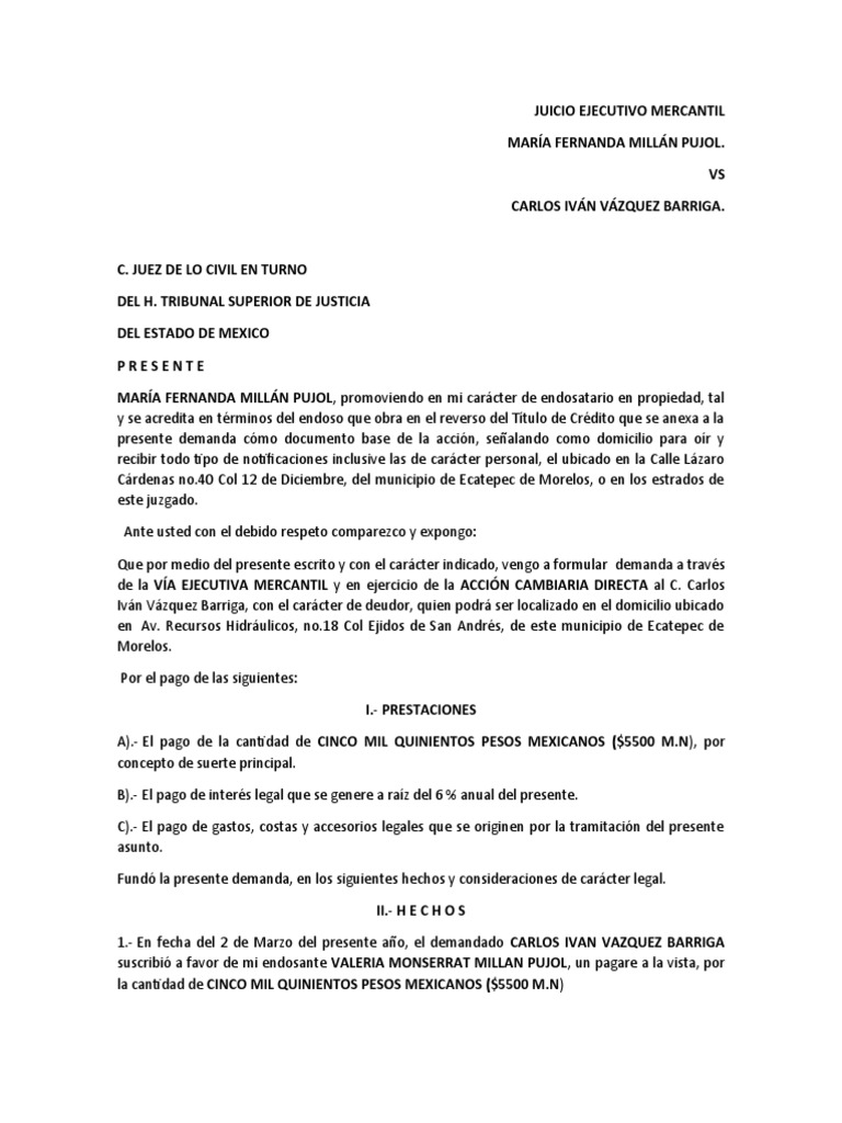 JUICIO EJECUTIVO MERCANTIL Pagare Endosado | PDF | Demanda judicial ...