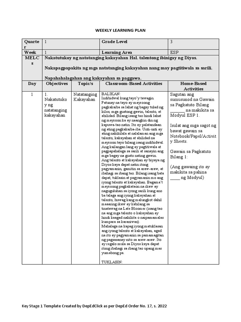 Key Stage 1 Template Created by Depedclick As Per Deped Order No. 17, S ...