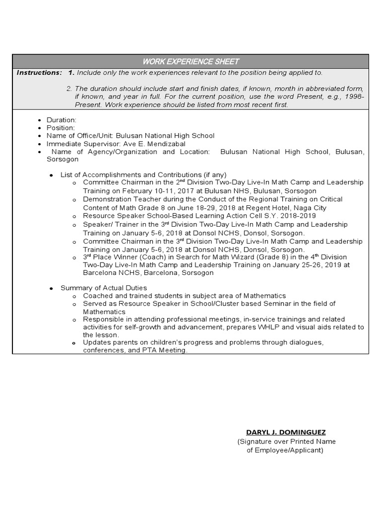 CSC Work Experience Sheet Sample | PDF | Behavior Modification | Cognition