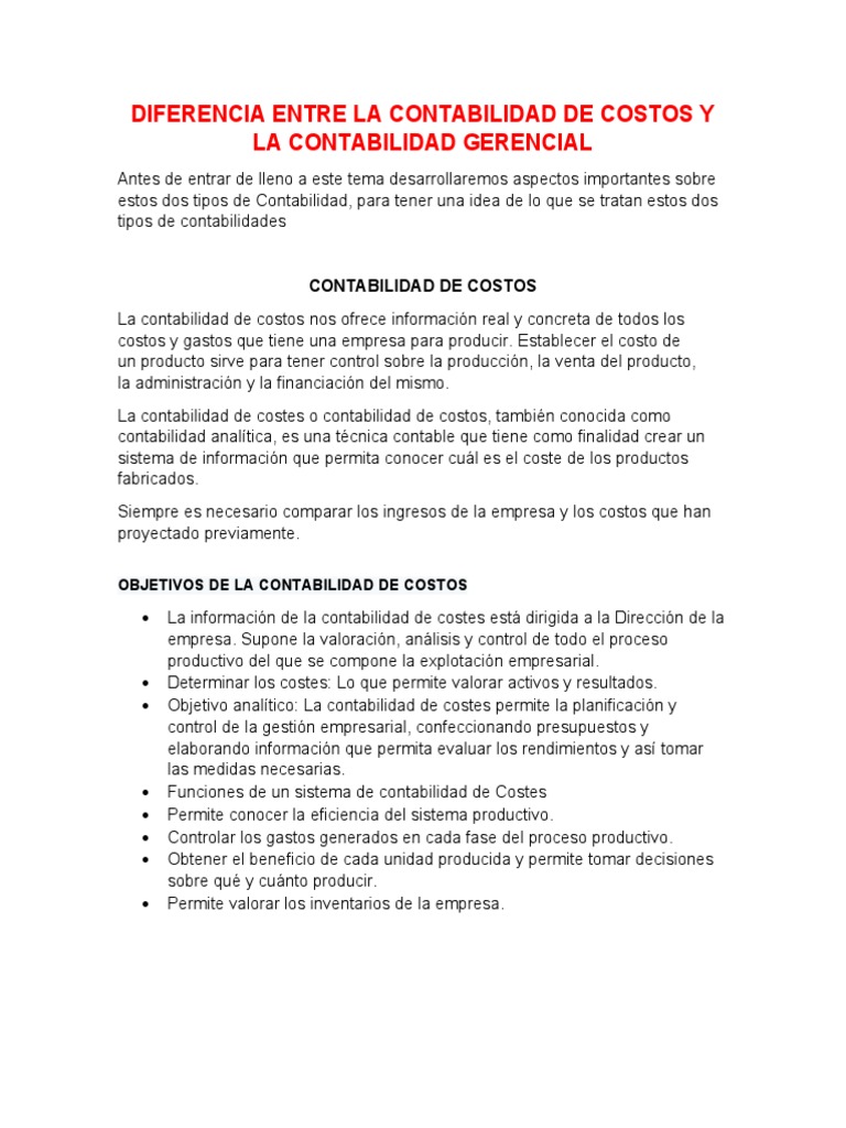Diferencias entre Contabilidad de Costos y Gerencial | PDF ...