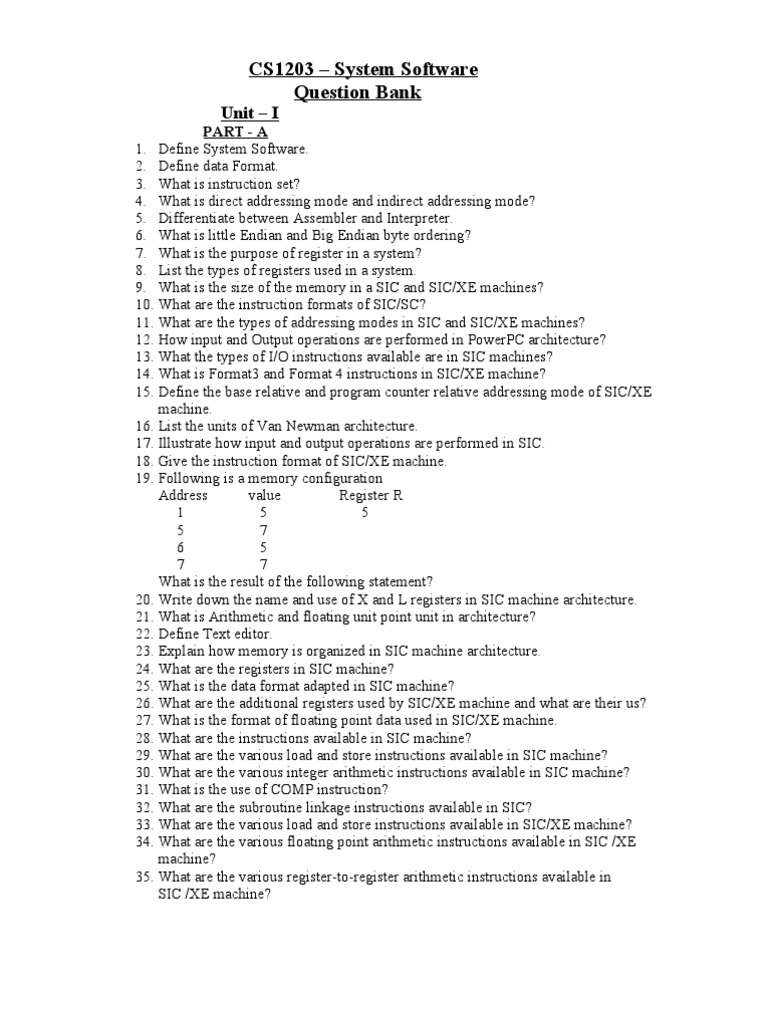 CS1203 System Software Question Bank Unit I PDF Assembly