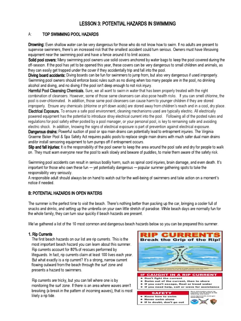 Lesson 3 Potential Hazards Pdf Swimming Pool Swimming