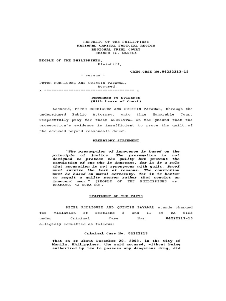 Insufficient Evidence Demurrer to Evidence Seeks Acquittal of Accused