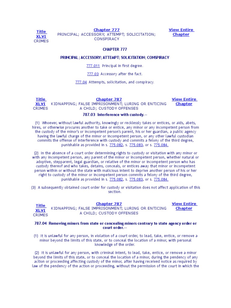 List of Florida Code Statutes Child Custody Contact (Law)