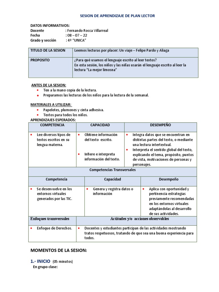 Sesion de Aprendizaje de Plan Lector | PDF