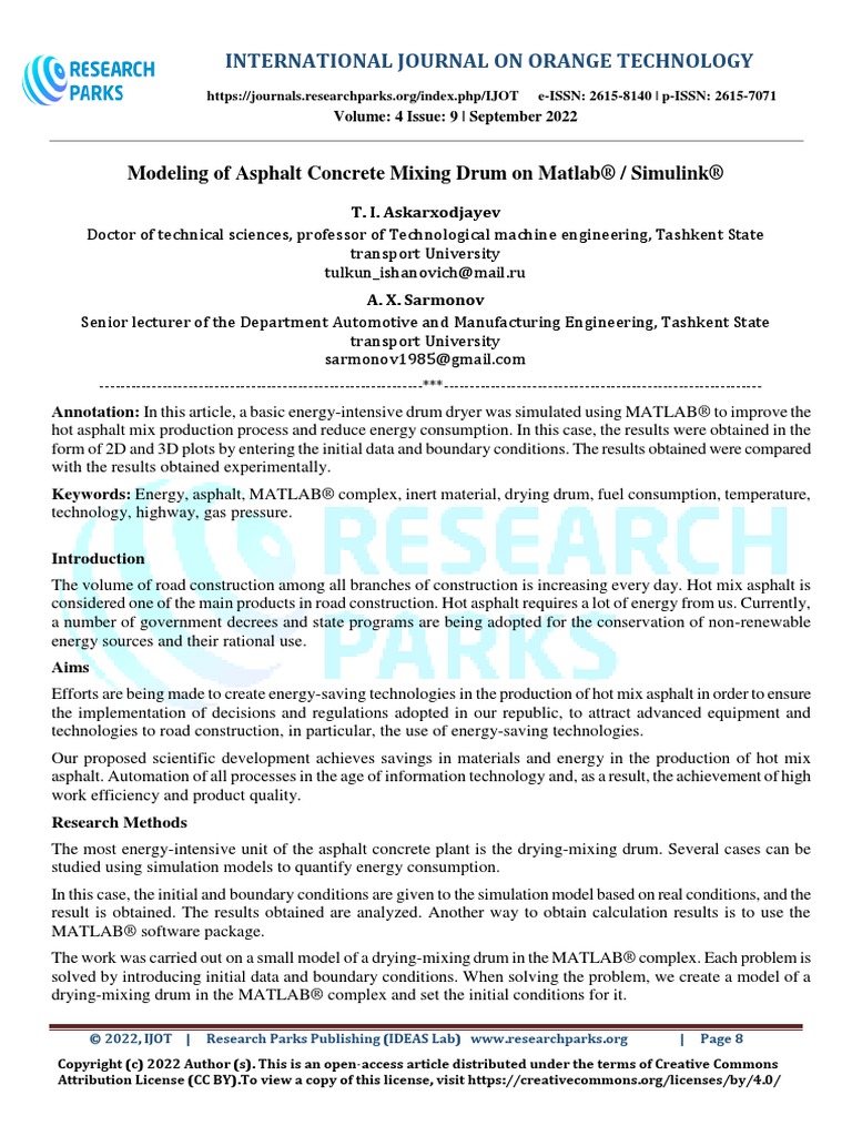 Modeling of Asphalt Concrete Mixing Drum On Matlab® / Simulink® PDF