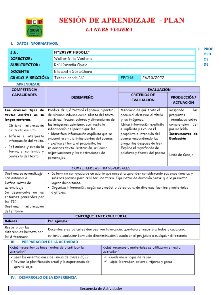Sesión de Plan Lector - NUBE VIAJERA | PDF | Evaluación | Aprendizaje