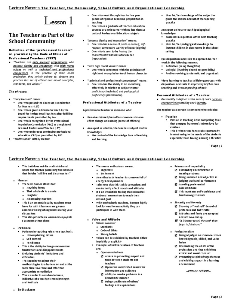 1 Lecture Notes in The Teacher The Community School Culture and ...