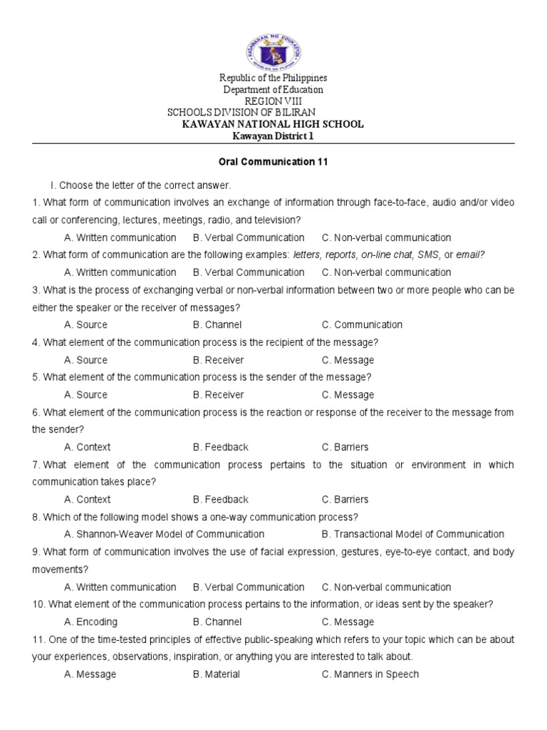 Oral Communication Exam PDF Communication Nonverbal Communication