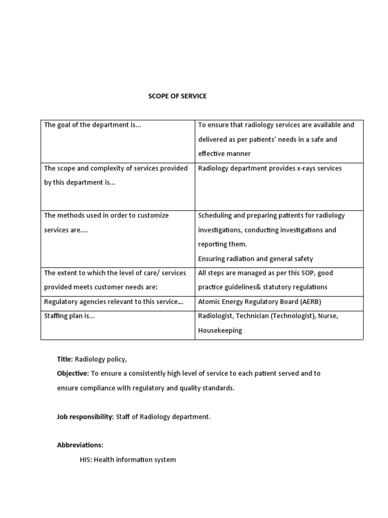 Scope of Service PDF Radiology X Ray