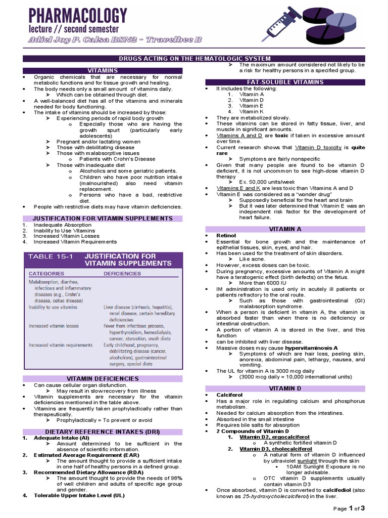 drugs acting on the hematologic systemmm PDF Vitamin B12 Vitamin D