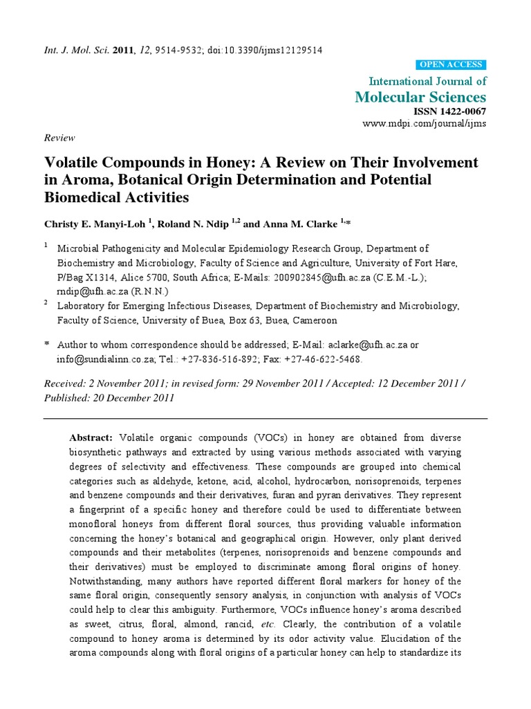 Volatile Compounds in Honey A Review On Their Involvement PDF Honey