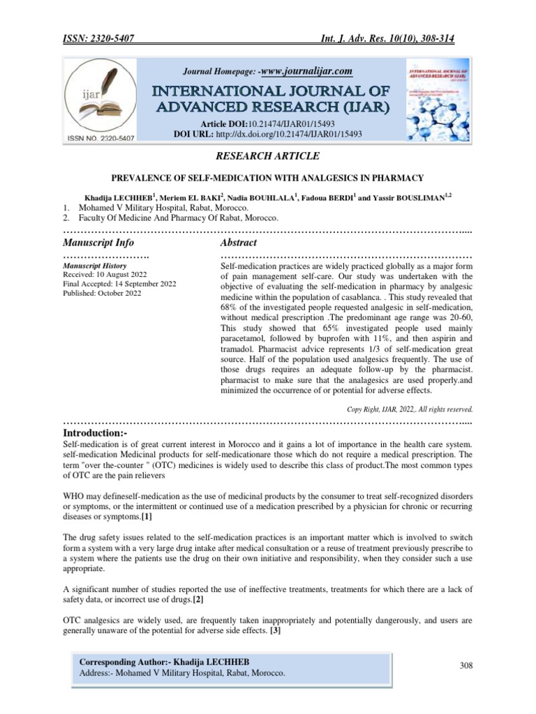 Prevalence of SelfMedication With Analgesics in Pharmacy PDF Over