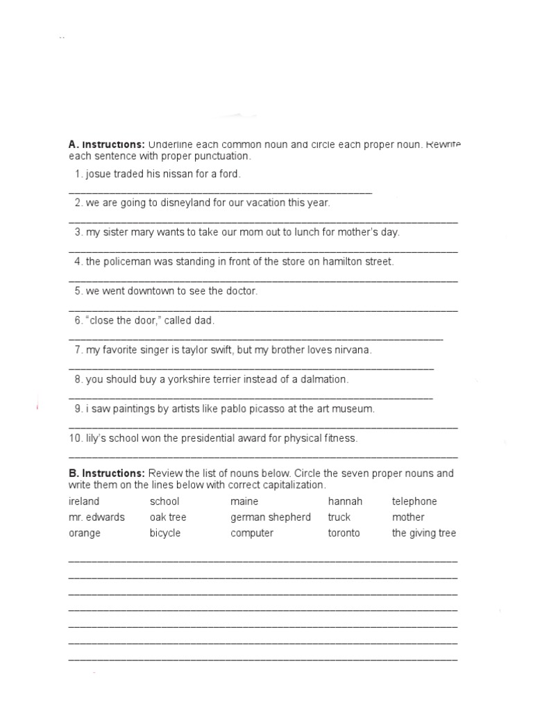 A. Instructions Underline Each Common Noun and Circle Each Proper Noun