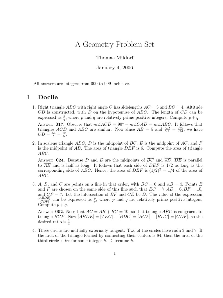 A Geometry Problem Set with Solutions PDF Triangle Area