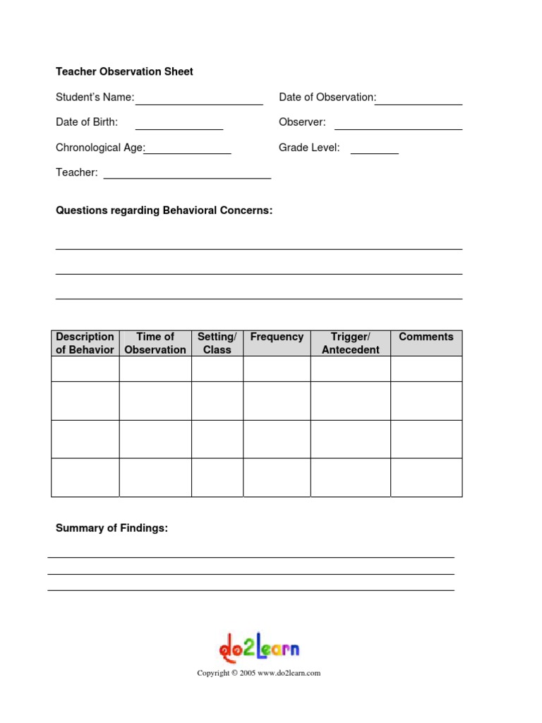 Teacher Observation Sheet PDF