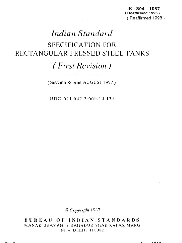 IS:804 Specification for Steel Tanks | PDF | Structural Steel | Welding