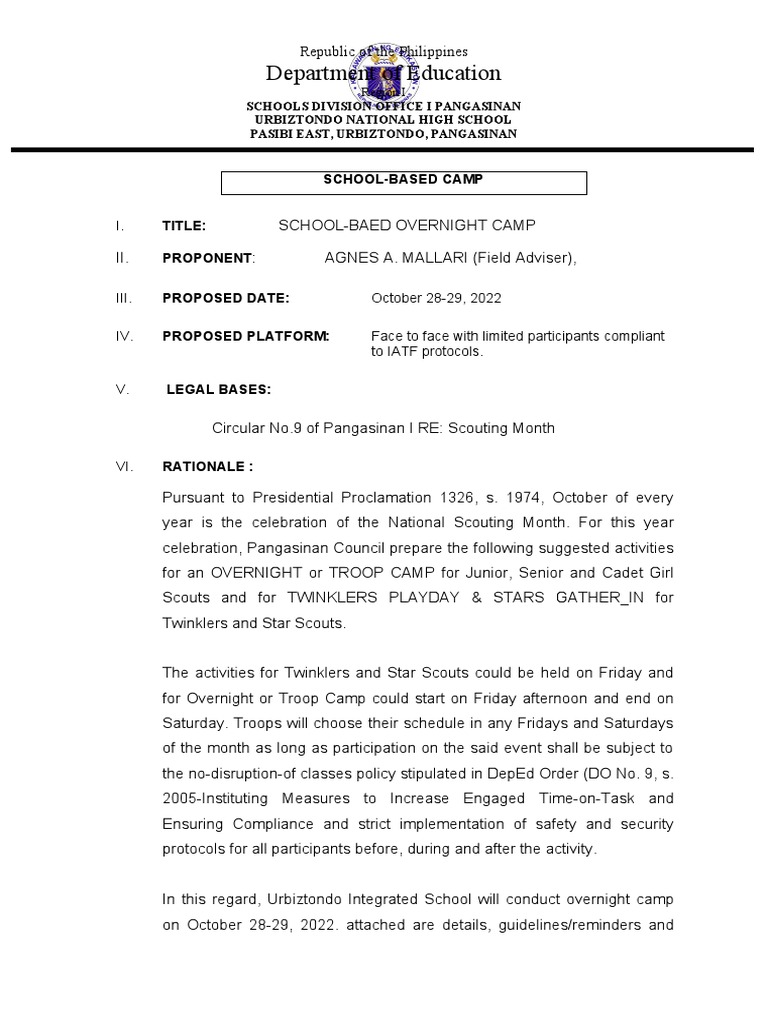 Urbiztondo GSP Overnight Camp 2022 | PDF | Meal | Scouting