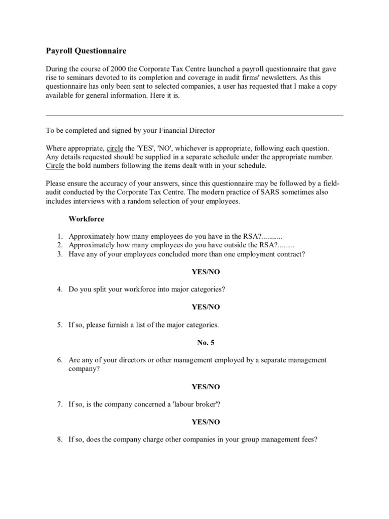 Payroll Questionnaire PDF Payroll Employee Benefits