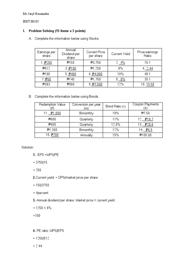 Stock and Bond Financial Calculations | PDF | Price–Earnings Ratio ...