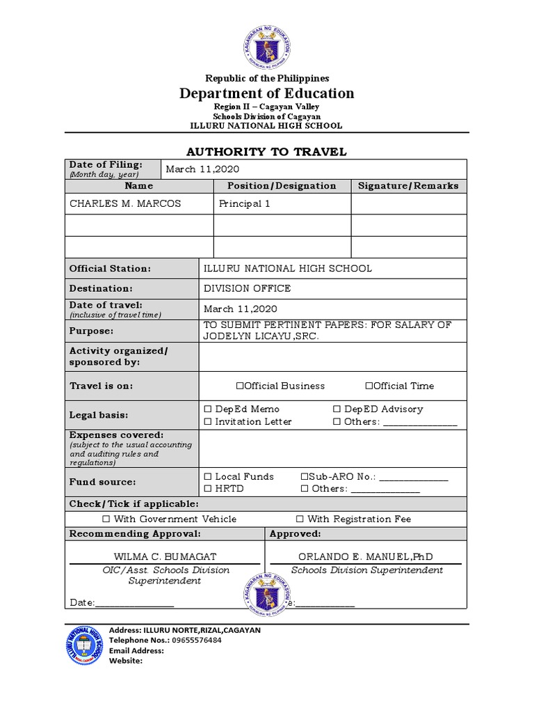 Authority To Travel Template PDF