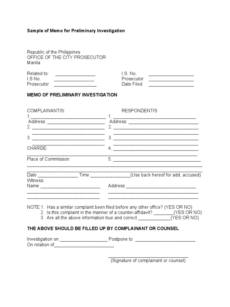Memo for Preliminary Investigation Sample | PDF | Affidavit | Common Law