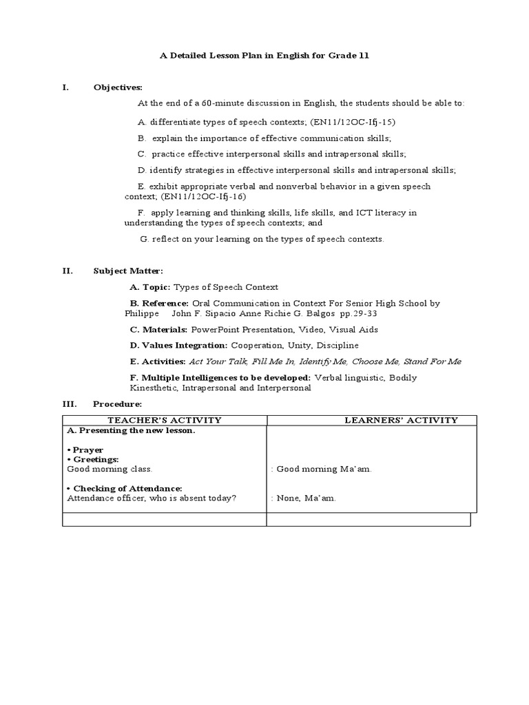 Toaz - Info A Detailed Lesson Plan in English For Grade 11 Oral ...