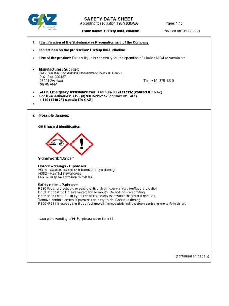 Alkaline Battery Fluid Safety Data Sheet | PDF | Water | Chemistry