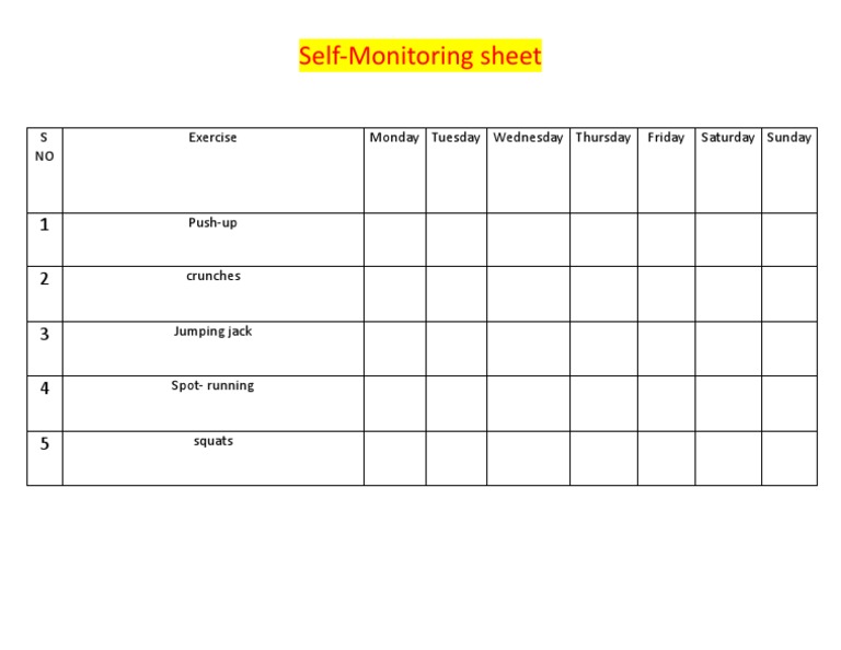 Weekly Exercise Self-Monitoring Sheet | PDF