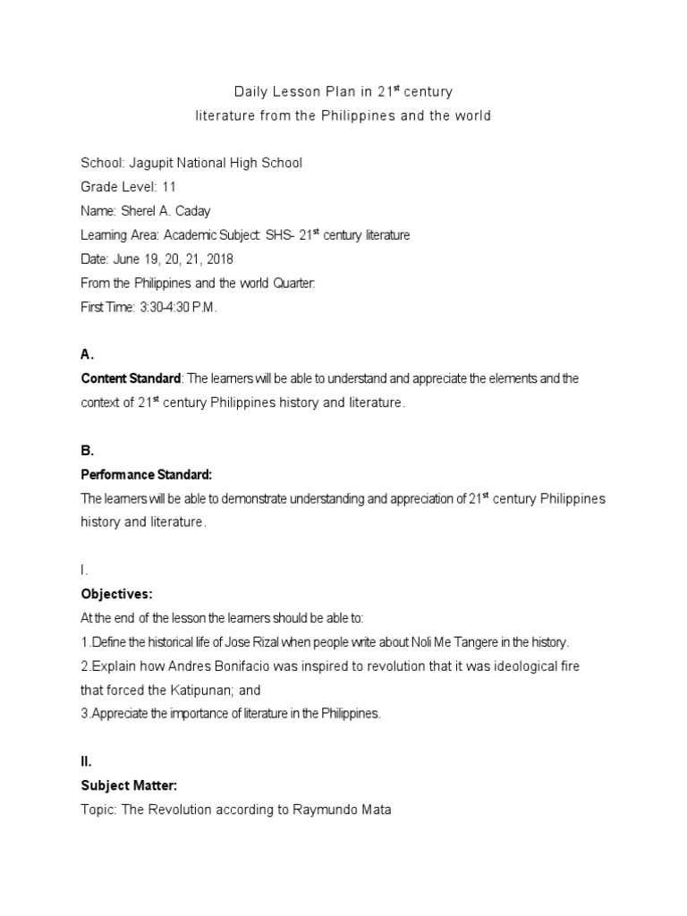 Daily Lesson Plan in 21st Century | PDF | Lesson Plan | Learning