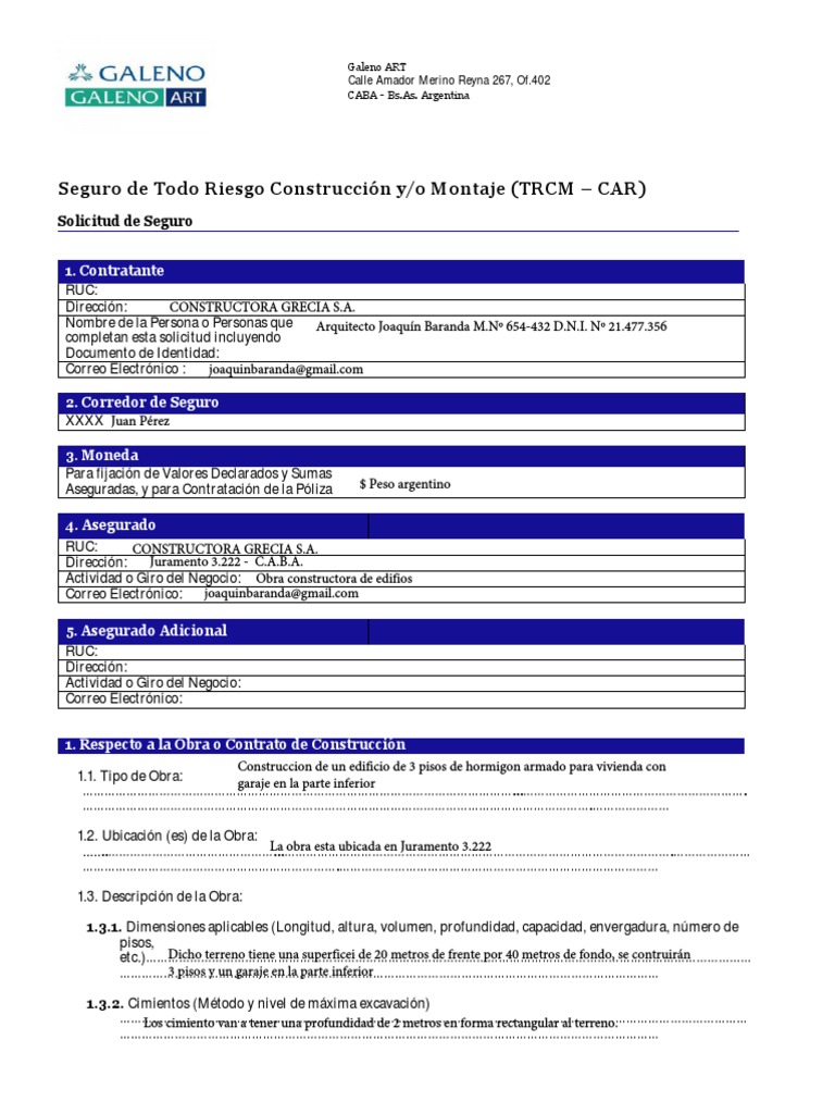 Solicitud de Seguro para Construcción TRCM | PDF | Reservorio | Temblores