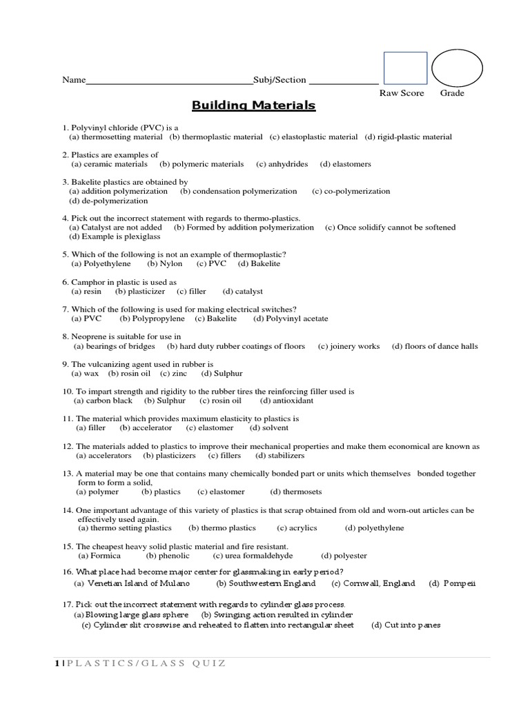 Plastic Quiz PDF Glasses Plastic