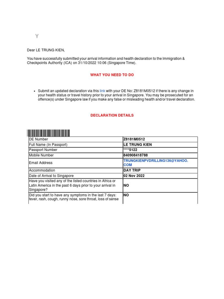 Lê Trung Kiên - Acknowledgement of SG Arrival Card & Health Declaration ...
