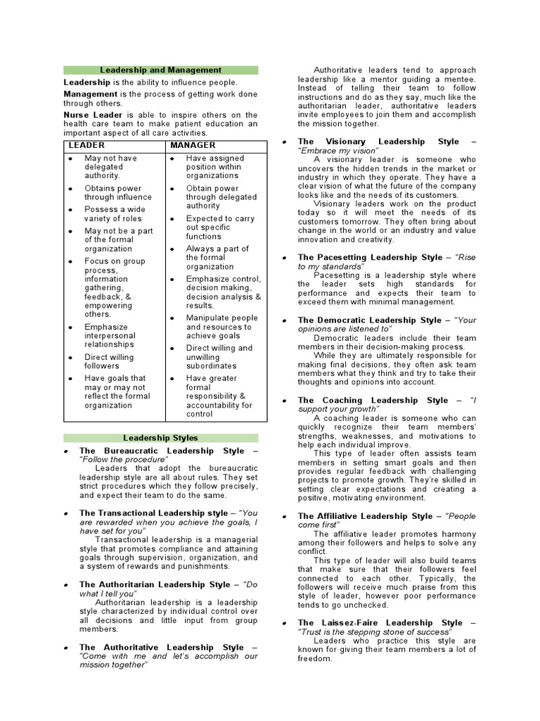 Leadership vs Management Styles Explained | PDF | Leadership | Nursing