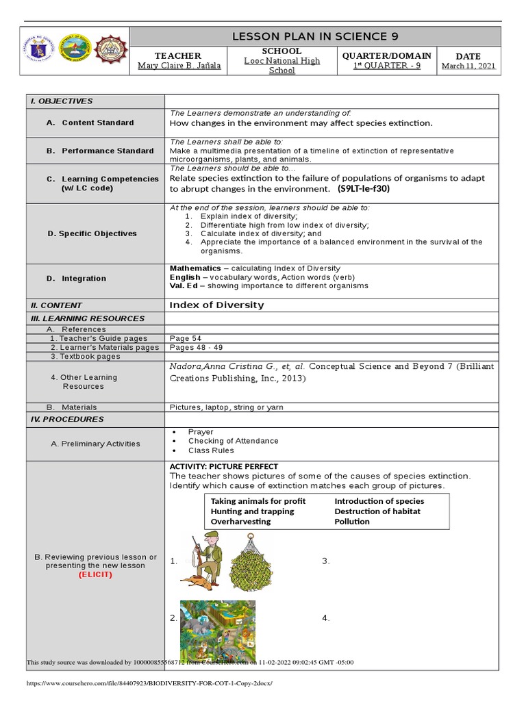 Science 9 Lesson Plan: Biodiversity & Extinction | PDF | Biodiversity ...
